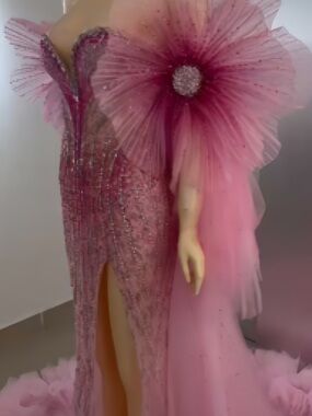 Custom Couture Crystal Pageant Gown – Blush Pink with Dramatic Organza Cape